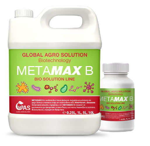 Fert Organic - metamax b „Zwei Behälter mit dem Flüssigdünger METAMAX B aus der BIO SOLUTION LINE von GLOBAL AGRO SOLUTION – ein großer weißer Kanister mit Griff und eine kleinere Flasche, beide mit grünem Etikett und Illustrationen von Mikroorganismen